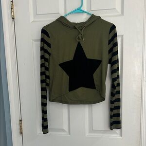 Olive Green Hoodie with Black Star and Striped Sleeves